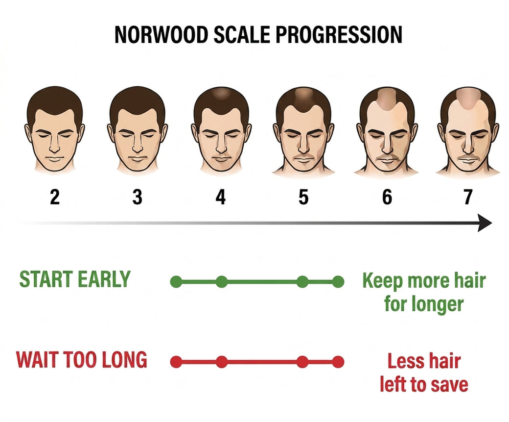 Norwood scale showing progressive hair loss stages